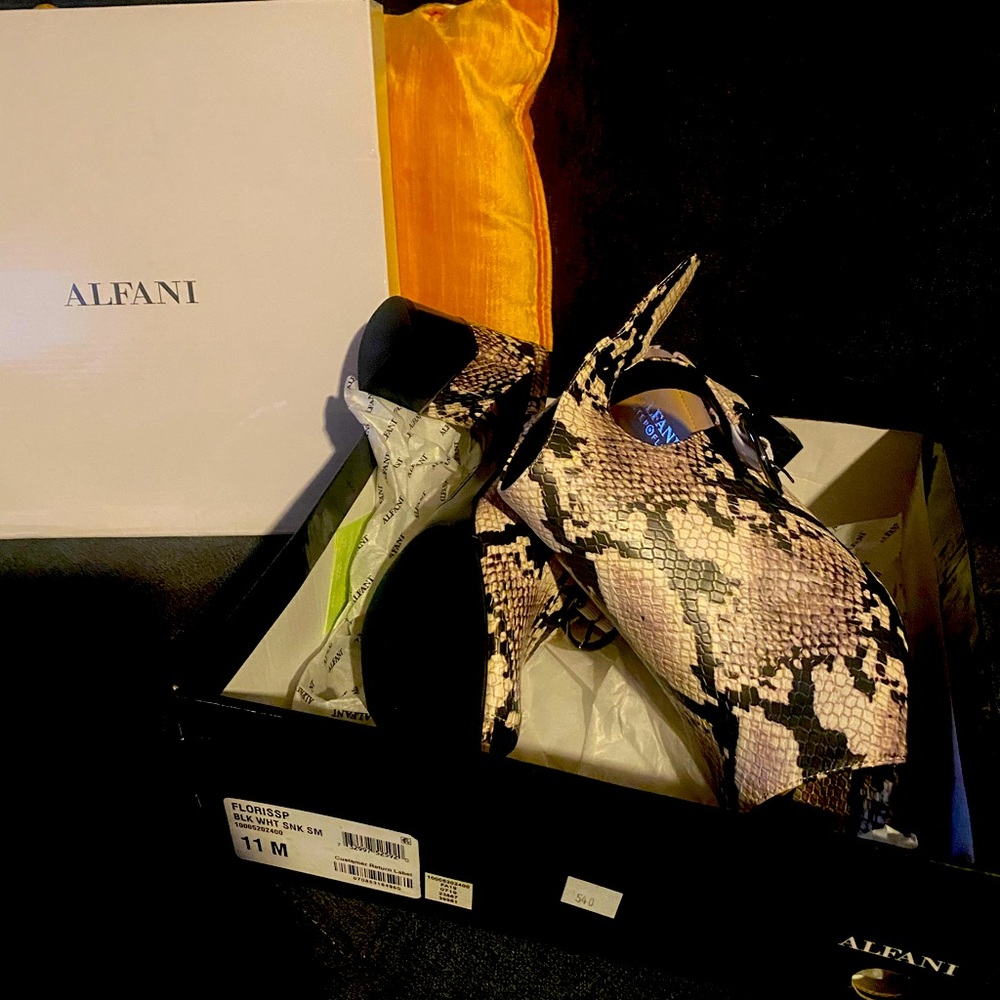 New, in box sling back, snakeskin color